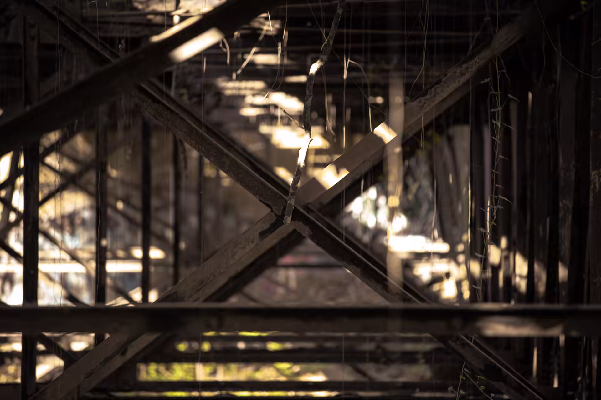 Weathered industrial structure lit by low golden sunlight
